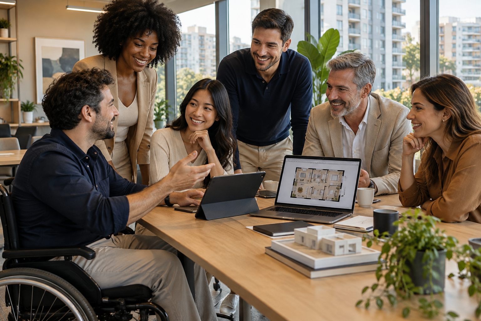 Equipe diversa de vendedores reunida em volta de uma mesa num escritório claro, conversando diante de um tablet e de um notebook; um deles, em cadeira de rodas, conduz a conversa.
